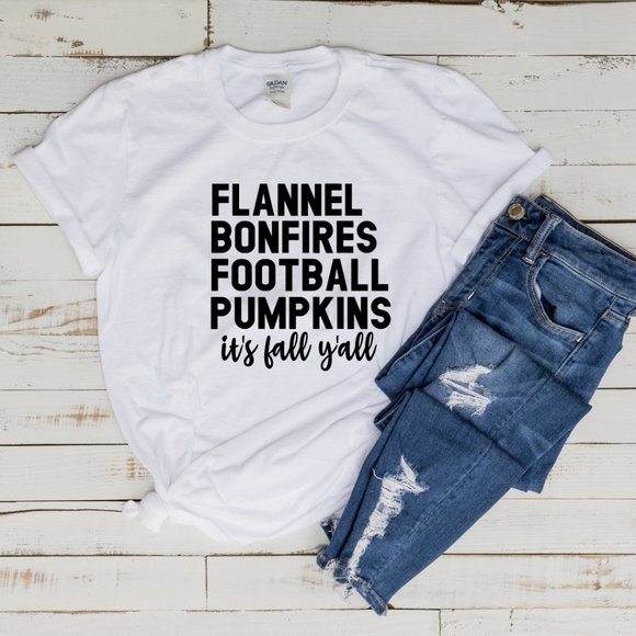 FLANNEL BONFIRES FOOTBALL PUMPKINS FALL GRAPHIC TEE - Picture 1 of 3